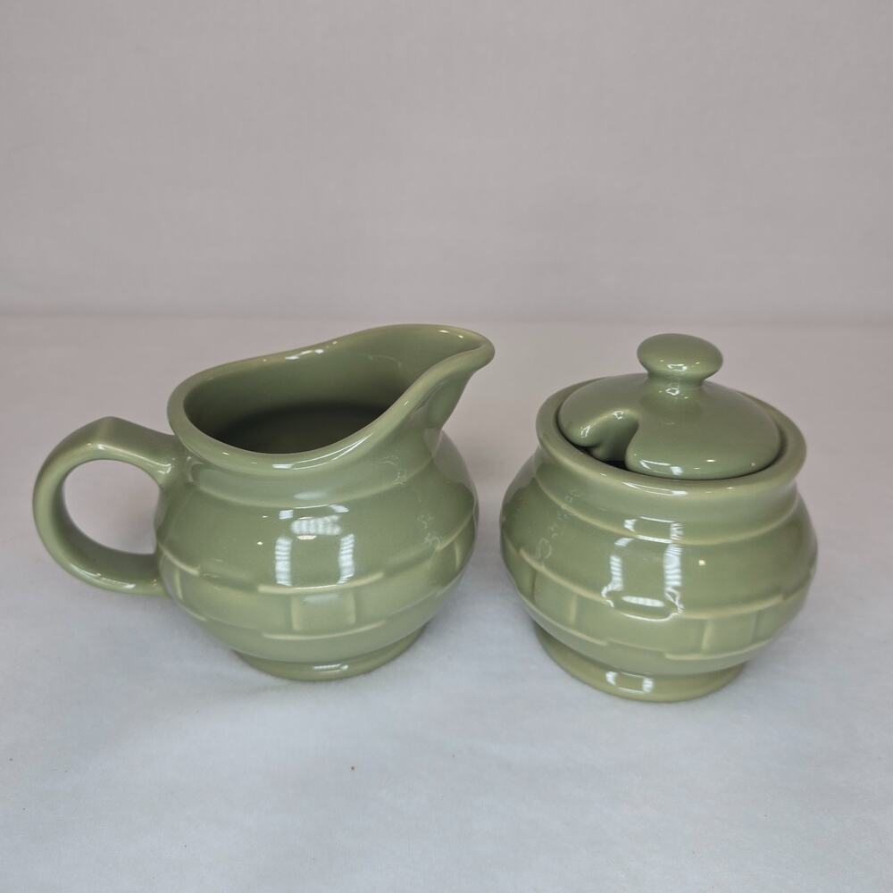 Longaberger Pottery USA Woven Traditions 4" Sage Green Cream & Sugar Set